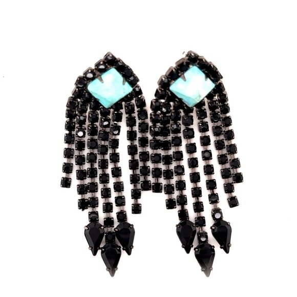 Pyramid Turquoise Black Rhinestones Drop Earrings - Picture 4 of 6